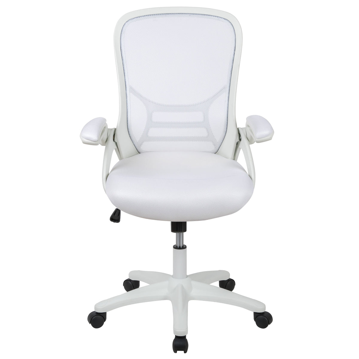 White |#| High Back White Mesh Ergonomic Office Chair with White Frame and Flip-up Arms