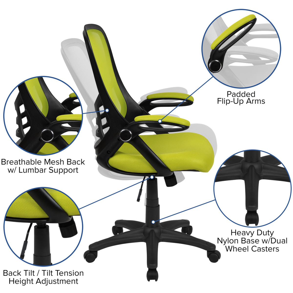 Green |#| High Back Green Mesh Ergonomic Office Chair with Black Frame and Flip-up Arms