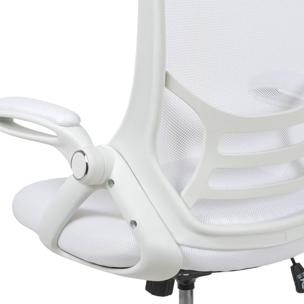 White |#| High Back White Mesh Ergonomic Office Chair with White Frame and Flip-up Arms