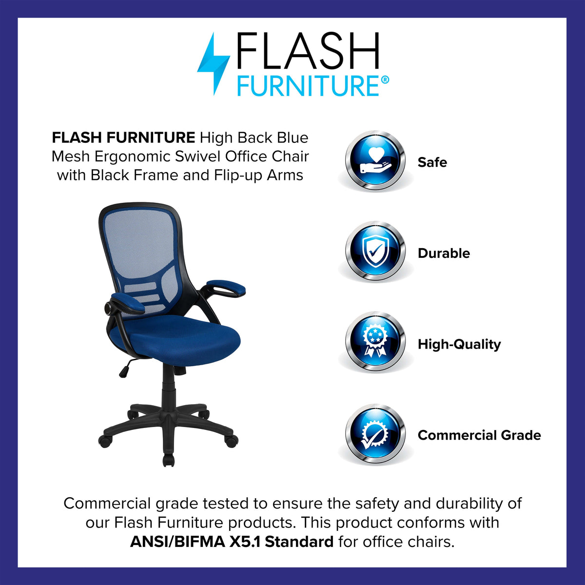 Blue |#| High Back Blue Mesh Ergonomic Office Chair with Black Frame and Flip-up Arms