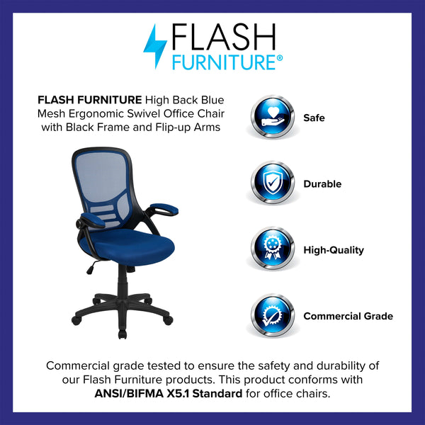 Blue |#| High Back Blue Mesh Ergonomic Office Chair with Black Frame and Flip-up Arms