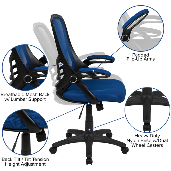 Blue |#| High Back Blue Mesh Ergonomic Office Chair with Black Frame and Flip-up Arms