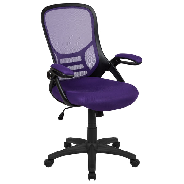 Purple |#| High Back Purple Mesh Ergonomic Office Chair with Black Frame and Flip-up Arms