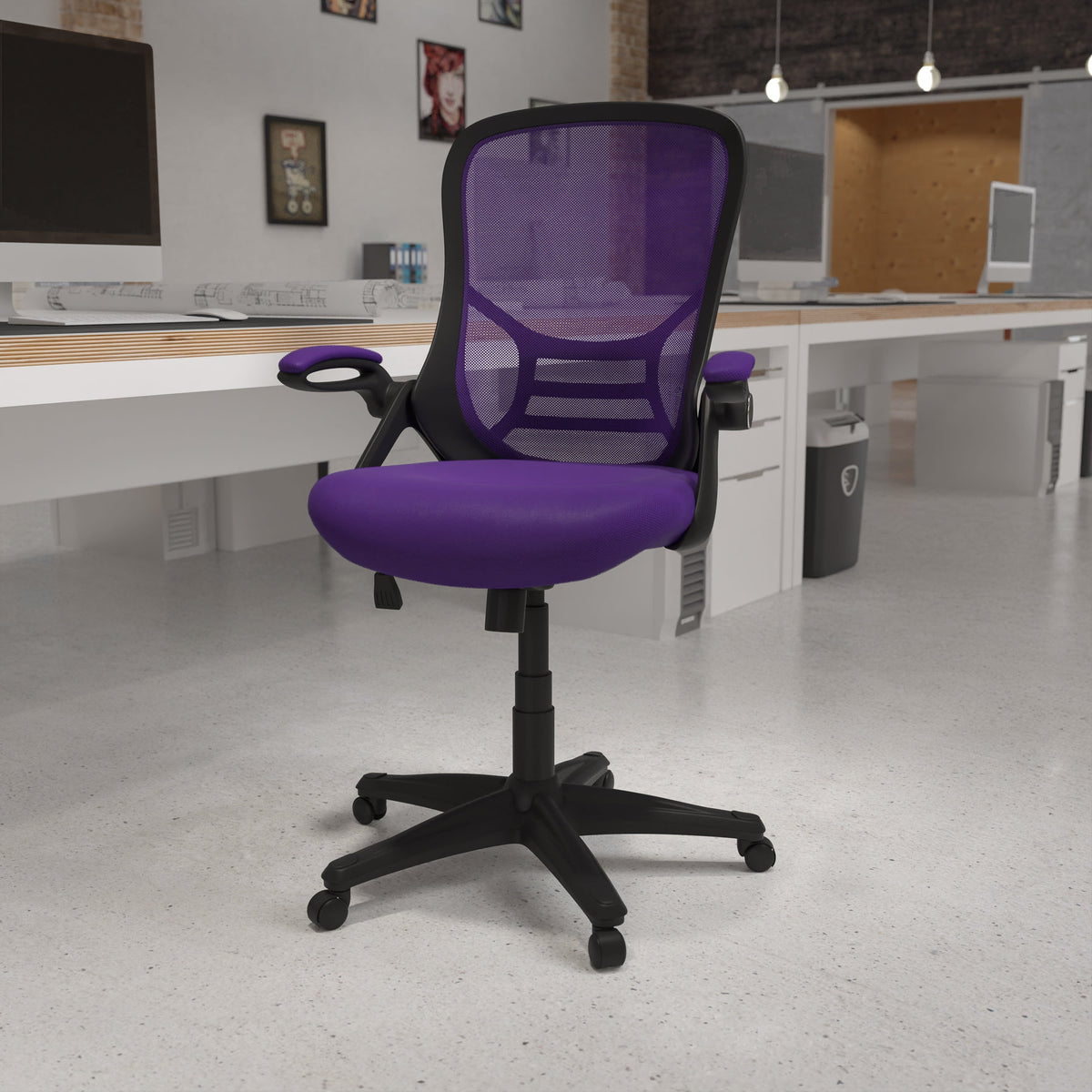 Purple |#| High Back Purple Mesh Ergonomic Office Chair with Black Frame and Flip-up Arms