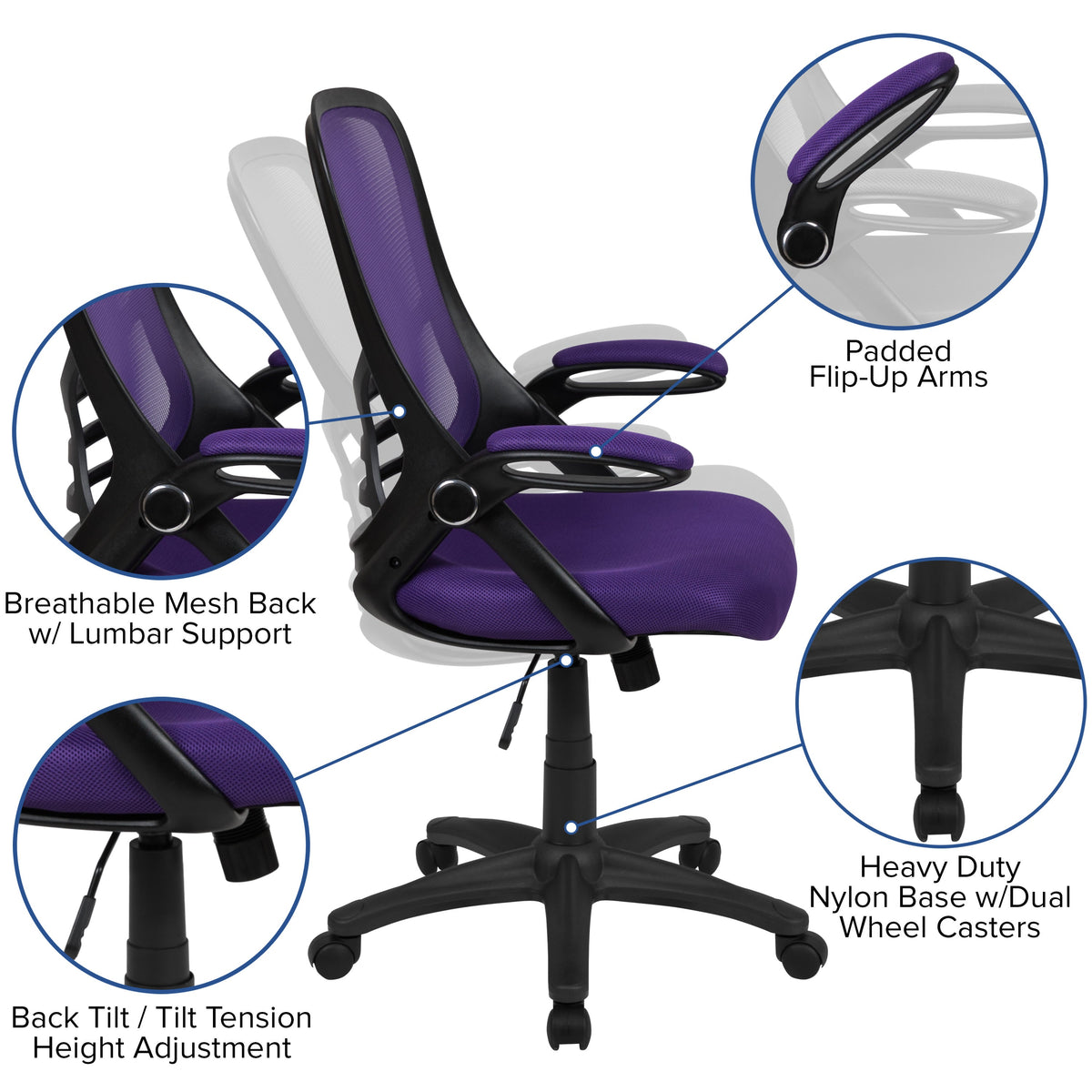 Purple |#| High Back Purple Mesh Ergonomic Office Chair with Black Frame and Flip-up Arms