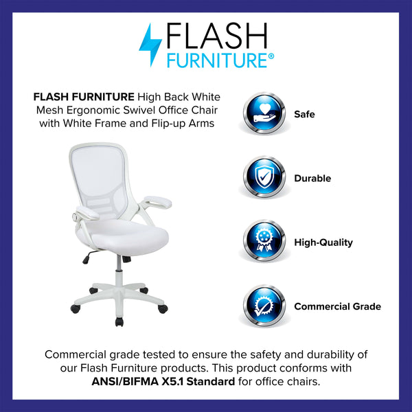 White |#| High Back White Mesh Ergonomic Office Chair with White Frame and Flip-up Arms