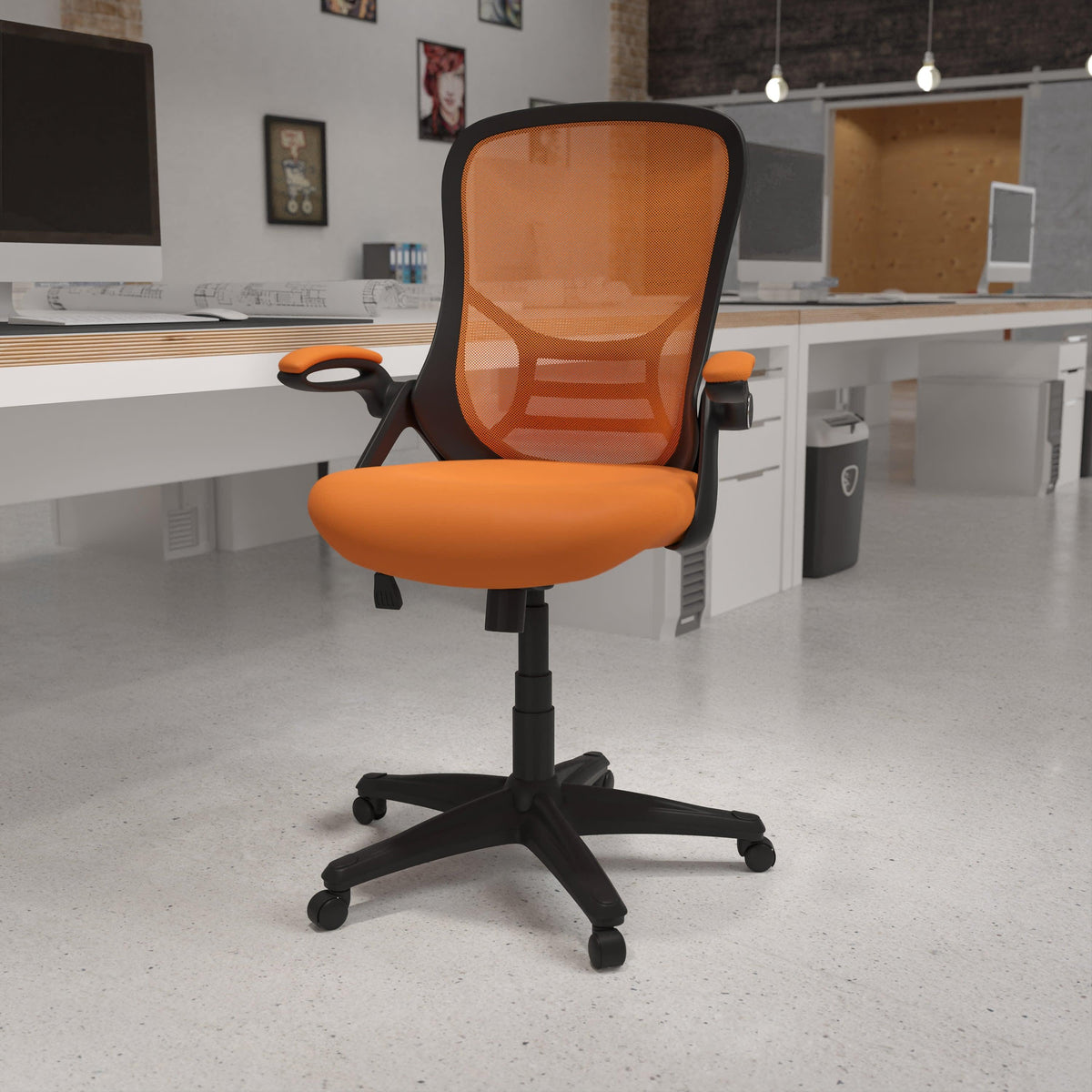 Orange |#| High Back Orange Mesh Ergonomic Office Chair with Black Frame and Flip-up Arms