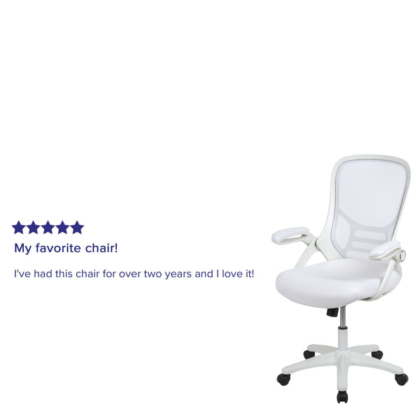 White |#| High Back White Mesh Ergonomic Office Chair with White Frame and Flip-up Arms