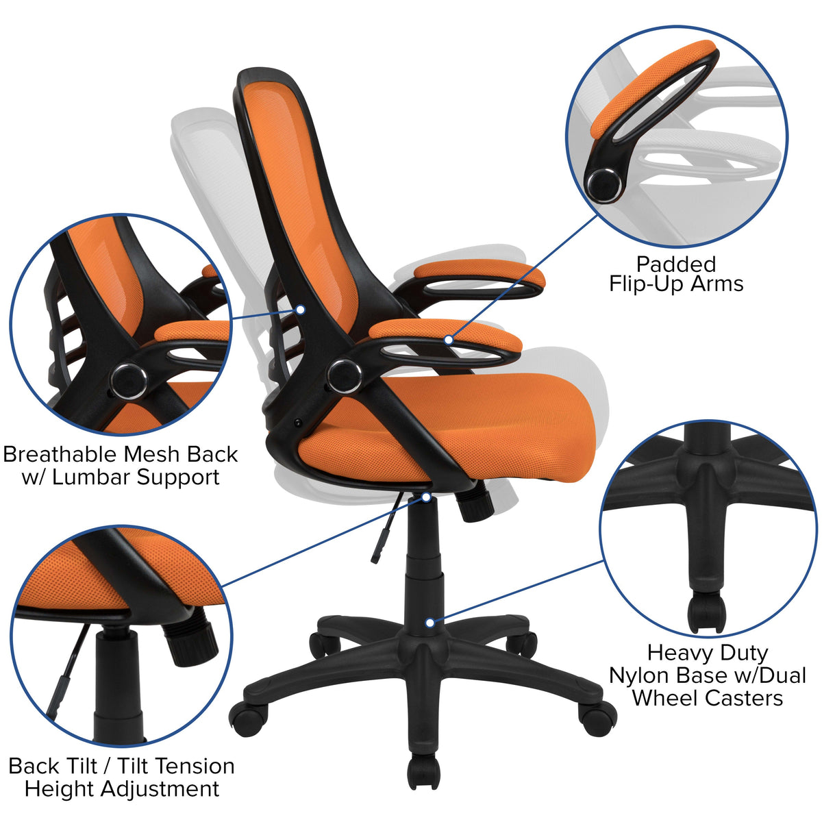 Orange |#| High Back Orange Mesh Ergonomic Office Chair with Black Frame and Flip-up Arms