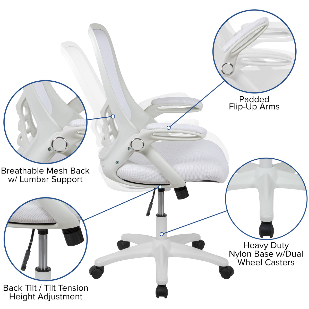 White |#| High Back White Mesh Ergonomic Office Chair with White Frame and Flip-up Arms