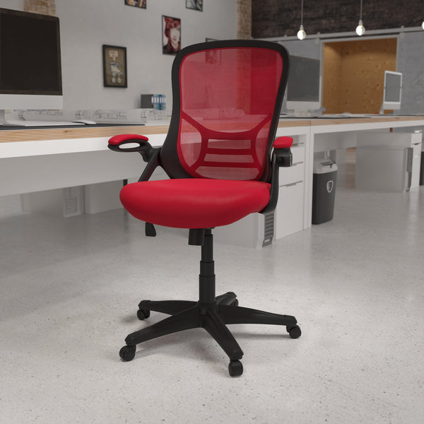 Red |#| High Back Red Mesh Ergonomic Office Chair with Black Frame and Flip-up Arms