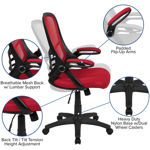 Red |#| High Back Red Mesh Ergonomic Office Chair with Black Frame and Flip-up Arms