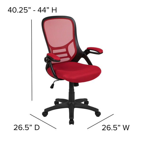 Red |#| High Back Red Mesh Ergonomic Office Chair with Black Frame and Flip-up Arms