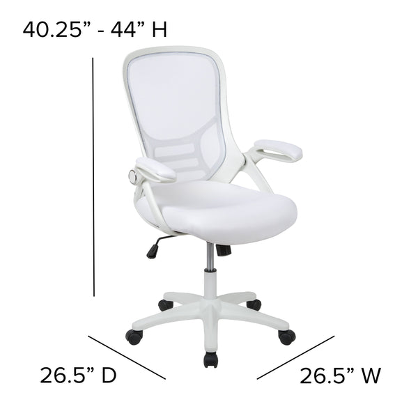 White |#| High Back White Mesh Ergonomic Office Chair with White Frame and Flip-up Arms