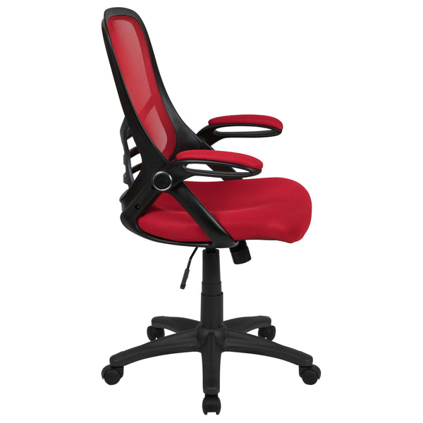 Red |#| High Back Red Mesh Ergonomic Office Chair with Black Frame and Flip-up Arms