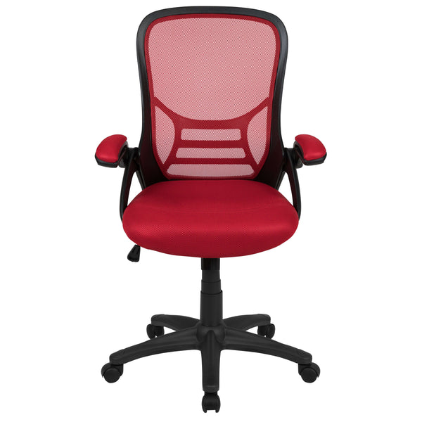 Red |#| High Back Red Mesh Ergonomic Office Chair with Black Frame and Flip-up Arms