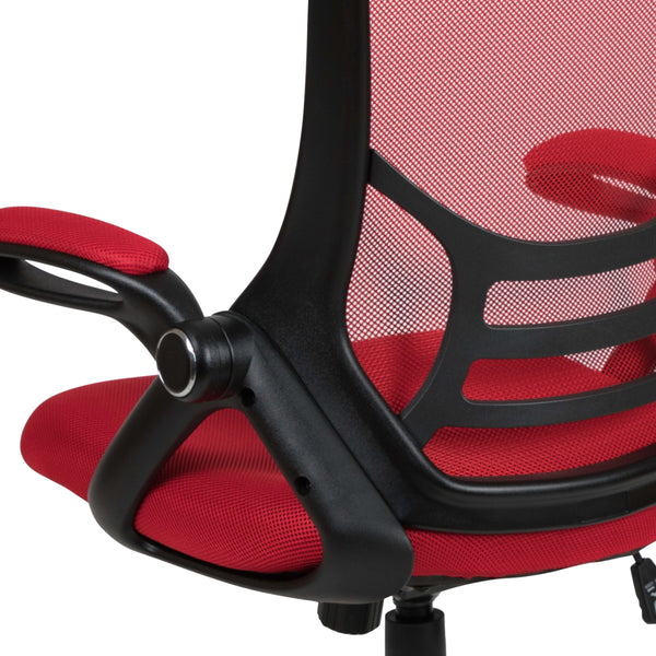 Red |#| High Back Red Mesh Ergonomic Office Chair with Black Frame and Flip-up Arms