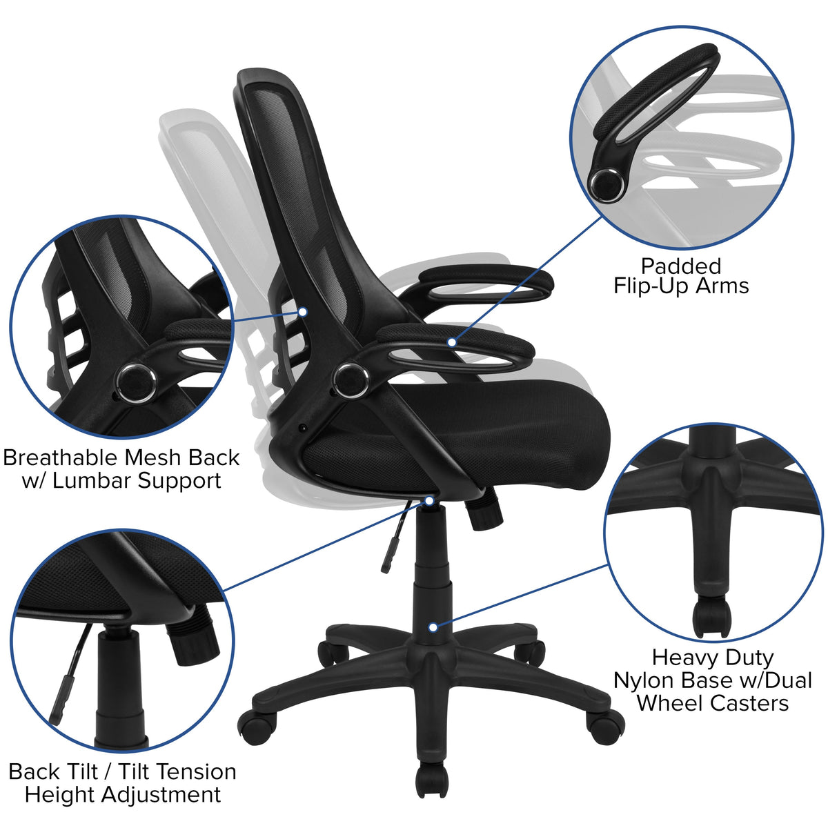 Black |#| High Back Black Mesh Ergonomic Office Chair with Black Frame and Flip-up Arms