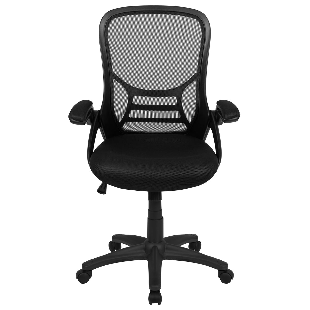 Black |#| High Back Black Mesh Ergonomic Office Chair with Black Frame and Flip-up Arms