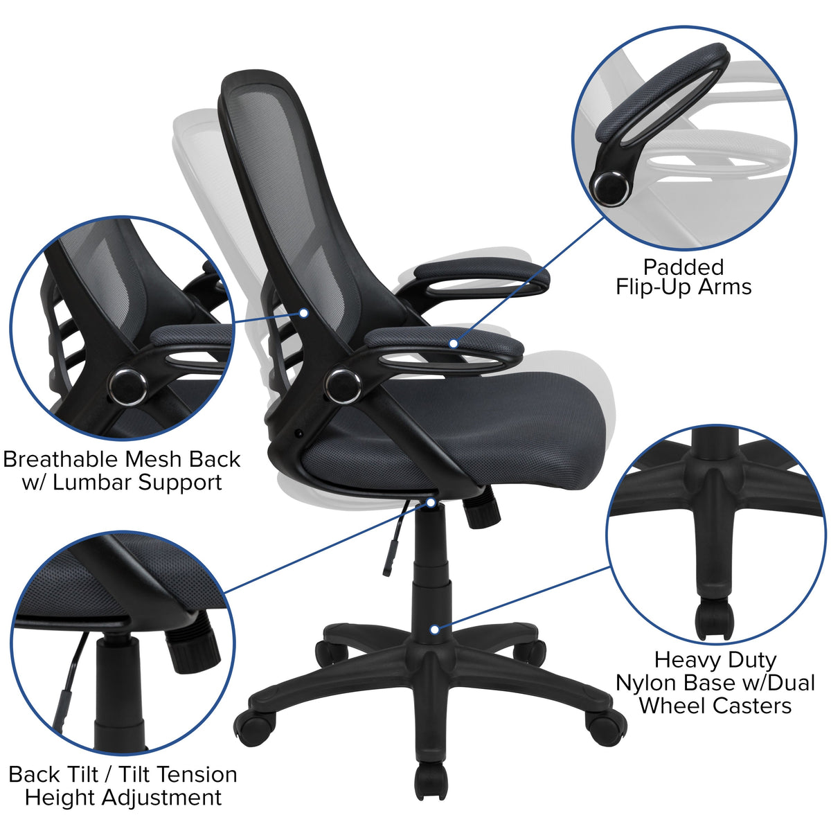 Dark Gray |#| High Back Dark Gray Mesh Ergonomic Office Chair w/ Black Frame and Flip-up Arms