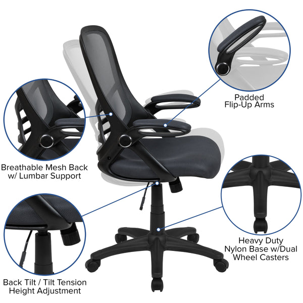 Dark Gray |#| High Back Dark Gray Mesh Ergonomic Office Chair w/ Black Frame and Flip-up Arms