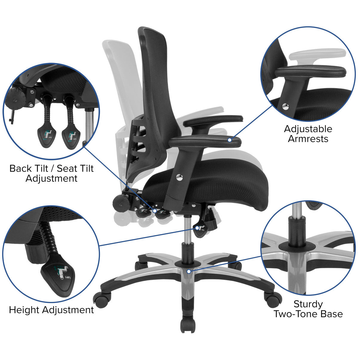 High Back Black Mesh Multifunction Ergonomic Swivel Chair with Adjustable Arms