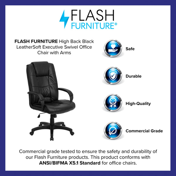 Black LeatherSoft |#| High Back Black LeatherSoft Multi-Line Stitch Upholstered Swivel Office Chair