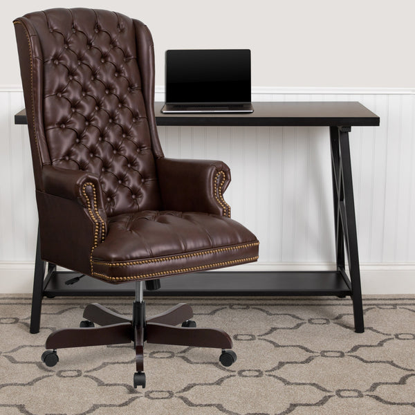 Brown |#| High Back Tufted Brown LeatherSoft Executive Swivel Ergonomic Office Chair