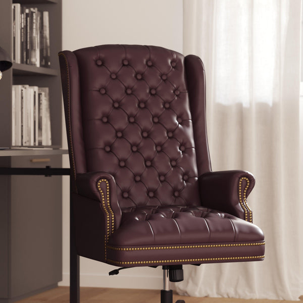 Burgundy |#| High Back Tufted Burgundy LeatherSoft Executive Swivel Ergonomic Office Chair