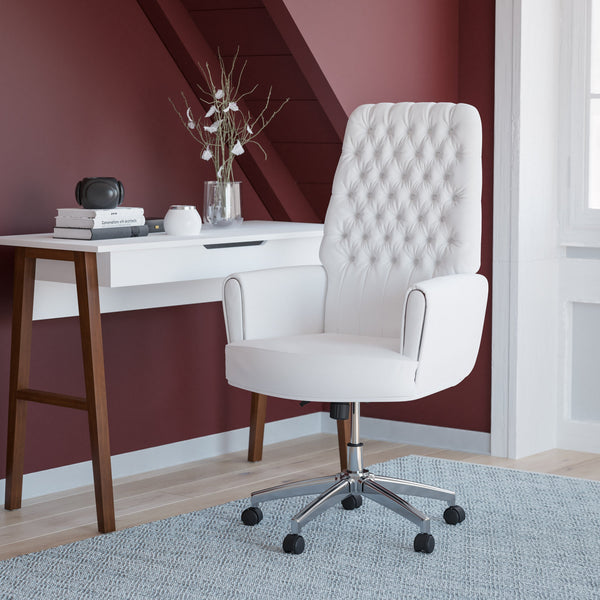 White |#| High Back Traditional Tufted White LeatherSoft Executive Swivel Office Chair