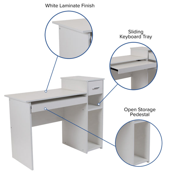 White |#| White Multi-Tiered Computer Desk with Shelves, Drawer and Sliding Keyboard Tray