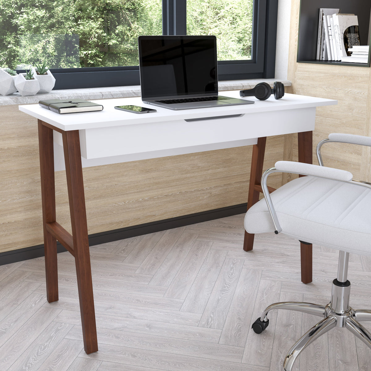 White Top/Walnut Frame |#| Home Office Writing Computer Desk with Drawer - Table Desk, White/Walnut