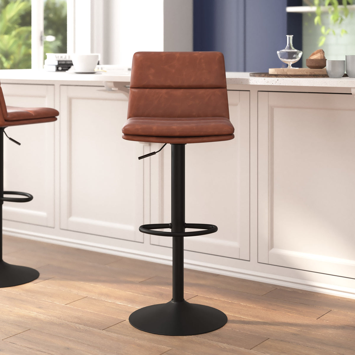 Cognac |#| Set of 2 Commercial Armless Adjustable Height Barstools in Cognac LeatherSoft