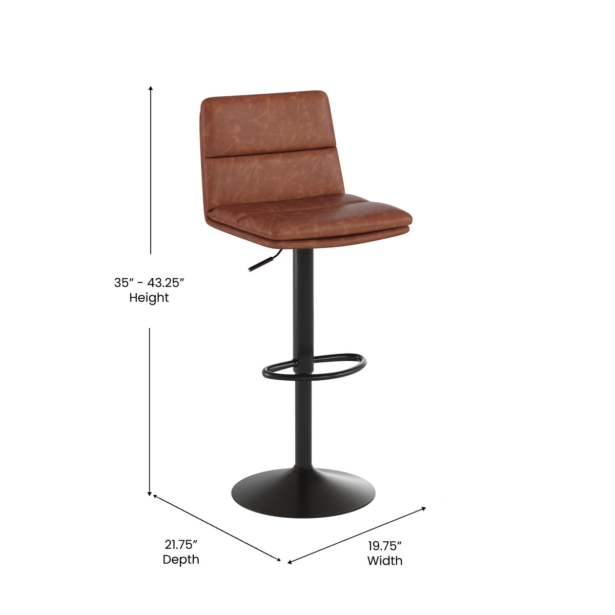 Cognac |#| Set of 2 Commercial Armless Adjustable Height Barstools in Cognac LeatherSoft