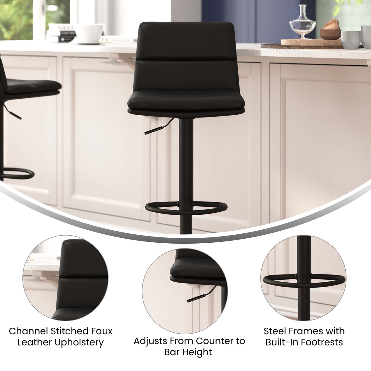 Black |#| Set of 2 Commercial Armless Adjustable Height Barstools in Black LeatherSoft