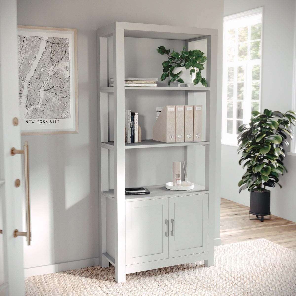 Gray Frame/Brushed Nickel Hardware |#| Gray 4 Tier Shaker Style Bookcase with Cabinet and Brushed Nickel Hardware