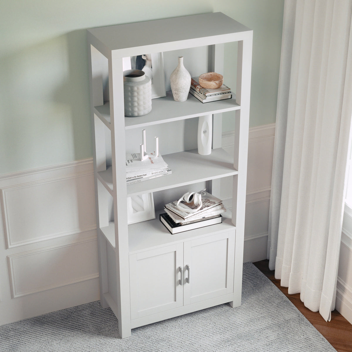 Gray Frame/Brushed Nickel Hardware |#| Gray 4 Tier Shaker Style Bookcase with Cabinet and Brushed Nickel Hardware