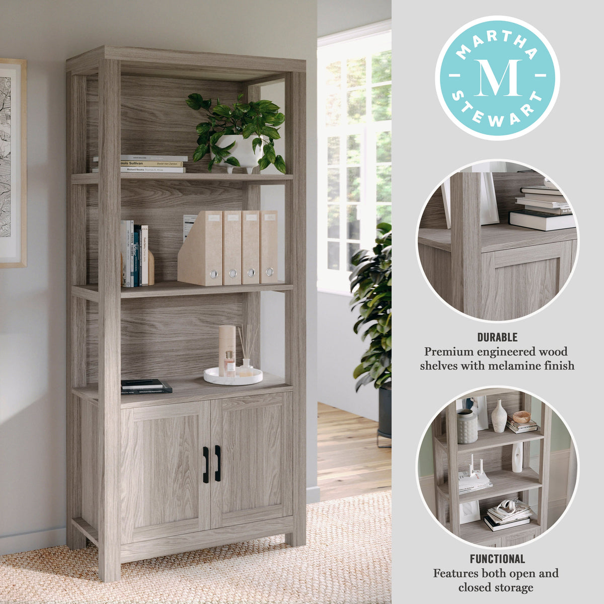 Gray Frame/Oil Rubbed Bronze Hardware |#| Gray 4 Tier Shaker Style Bookcase with Cabinet and Oil Rubbed Bronze Hardware