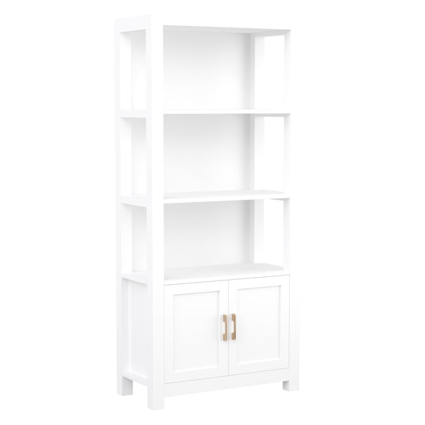 White Frame/Polished Brass Hardware |#| White 4 Tier Shaker Style Bookcase with Cabinet and Polished Brass Hardware