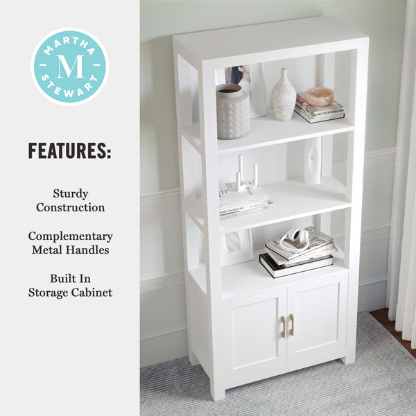 White Frame/Polished Brass Hardware |#| White 4 Tier Shaker Style Bookcase with Cabinet and Polished Brass Hardware