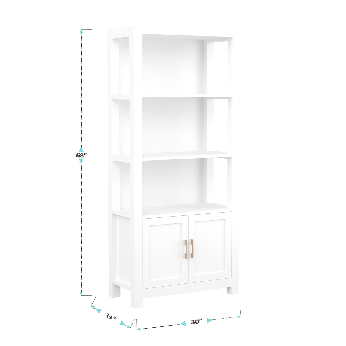 White Frame/Polished Brass Hardware |#| White 4 Tier Shaker Style Bookcase with Cabinet and Polished Brass Hardware