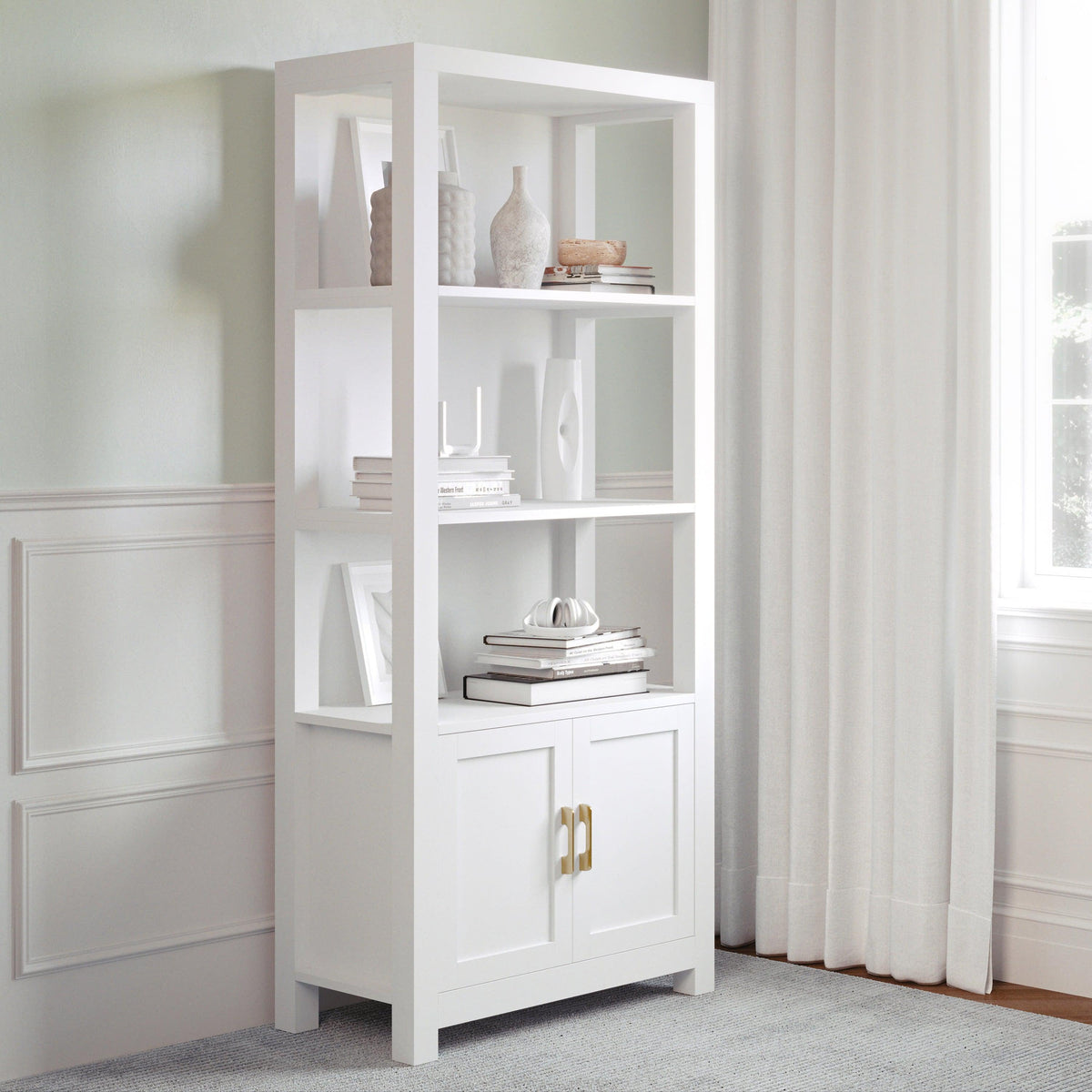 White Frame/Polished Brass Hardware |#| White 4 Tier Shaker Style Bookcase with Cabinet and Polished Brass Hardware