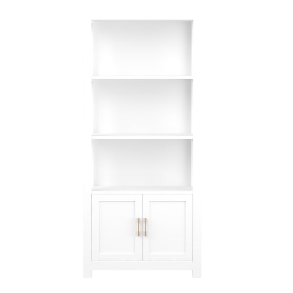 White Frame/Polished Brass Hardware |#| White 4 Tier Shaker Style Bookcase with Cabinet and Polished Brass Hardware