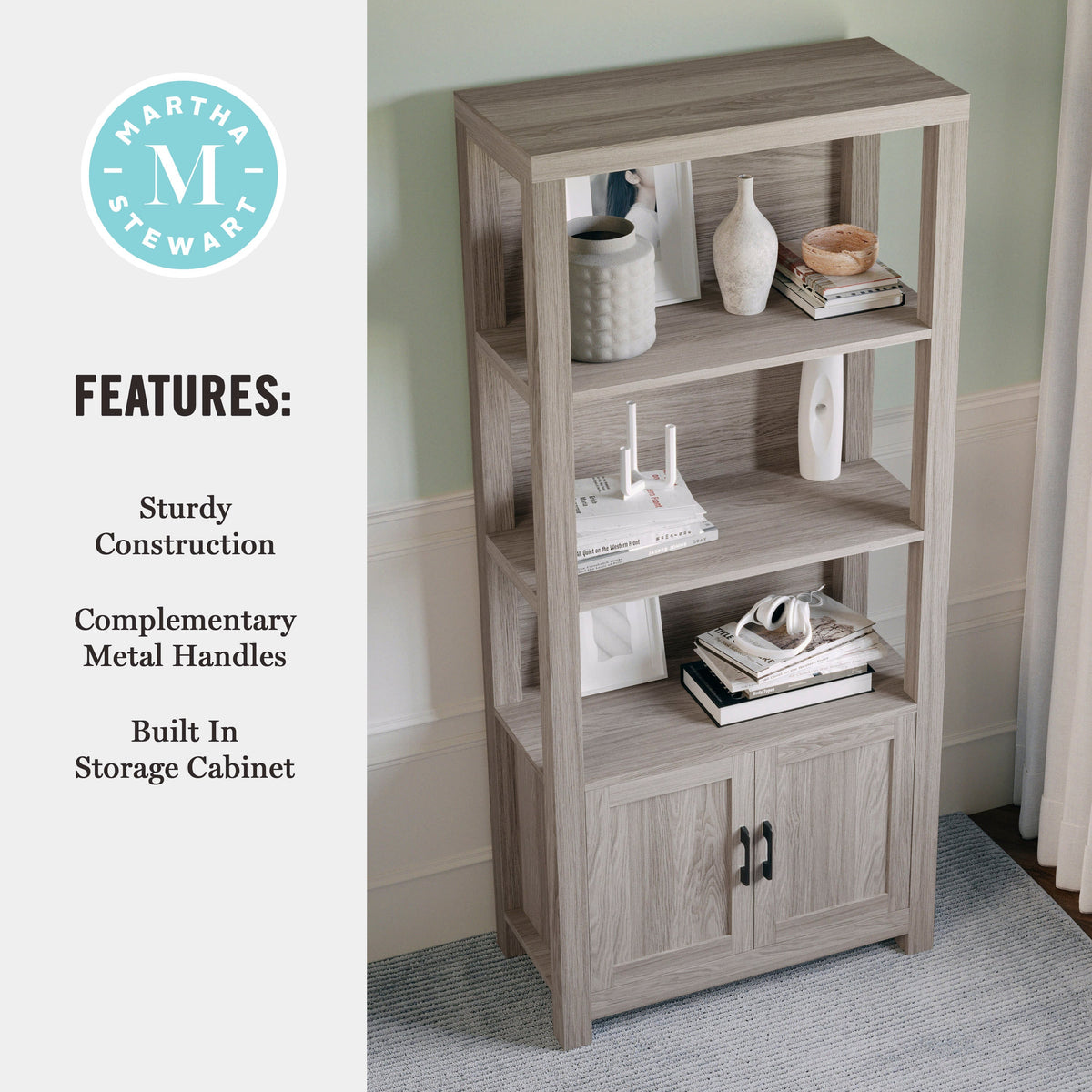 Gray Frame/Oil Rubbed Bronze Hardware |#| Gray 4 Tier Shaker Style Bookcase with Cabinet and Oil Rubbed Bronze Hardware