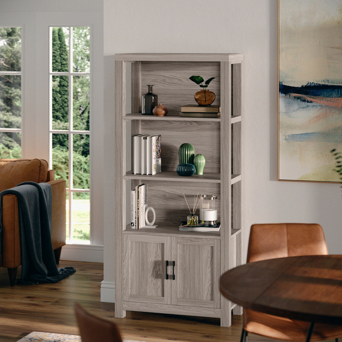 Gray Frame/Oil Rubbed Bronze Hardware |#| Gray 4 Tier Shaker Style Bookcase with Cabinet and Oil Rubbed Bronze Hardware