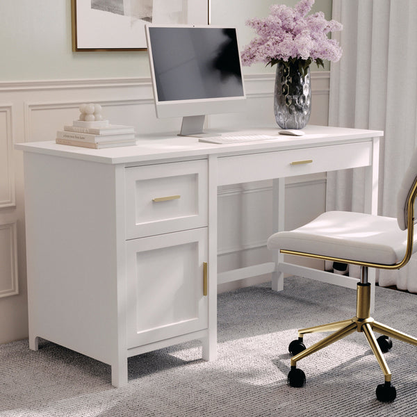 White Frame/Polished Brass Hardware |#| White Shaker Style Home Office Desk with Storage and Polished Brass Hardware