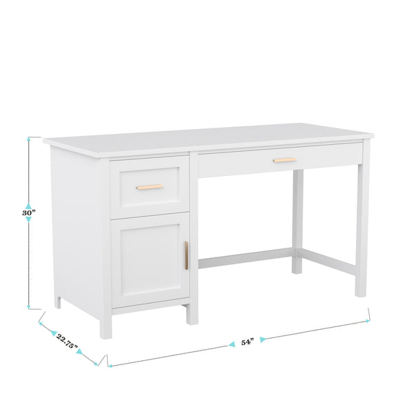 White Frame/Polished Brass Hardware |#| White Shaker Style Home Office Desk with Storage and Polished Brass Hardware