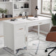 White Frame/Polished Brass Hardware |#| White Shaker Style Home Office Desk with Storage and Polished Brass Hardware