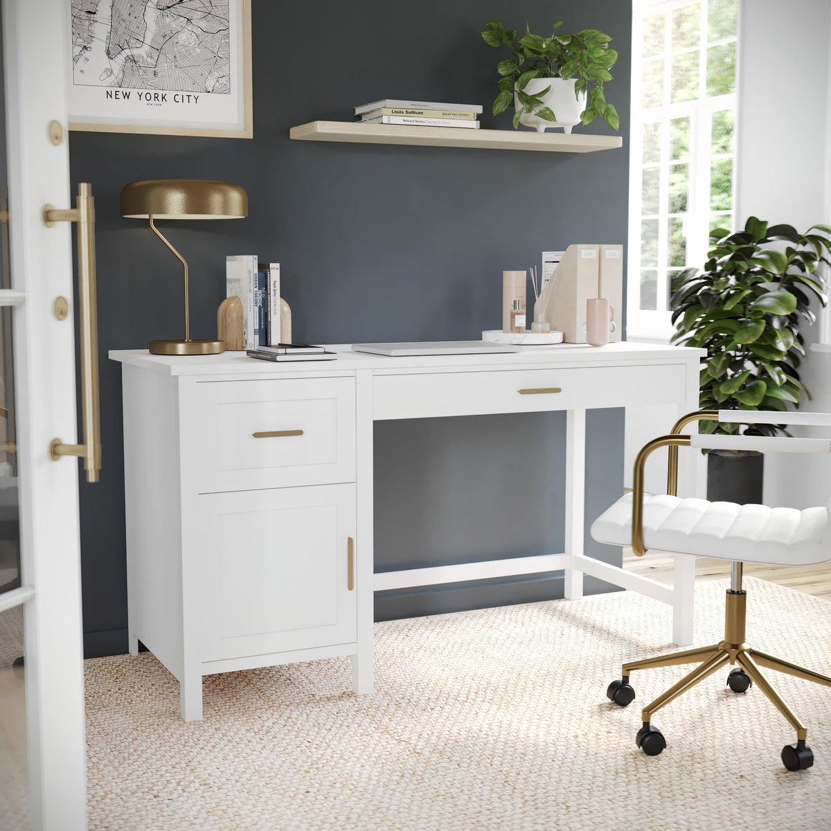 White Frame/Polished Brass Hardware |#| White Shaker Style Home Office Desk with Storage and Polished Brass Hardware