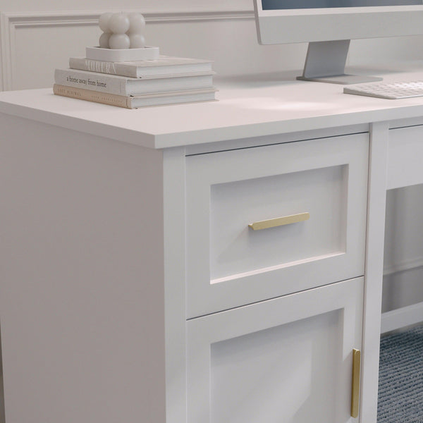 White Frame/Polished Brass Hardware |#| White Shaker Style Home Office Desk with Storage and Polished Brass Hardware